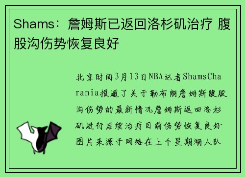 Shams：詹姆斯已返回洛杉矶治疗 腹股沟伤势恢复良好