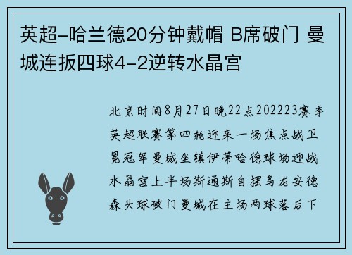 英超-哈兰德20分钟戴帽 B席破门 曼城连扳四球4-2逆转水晶宫