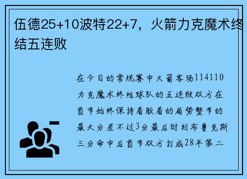 伍德25+10波特22+7，火箭力克魔术终结五连败