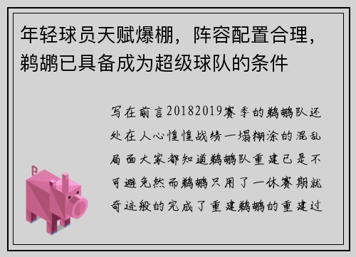 年轻球员天赋爆棚，阵容配置合理，鹈鹕已具备成为超级球队的条件